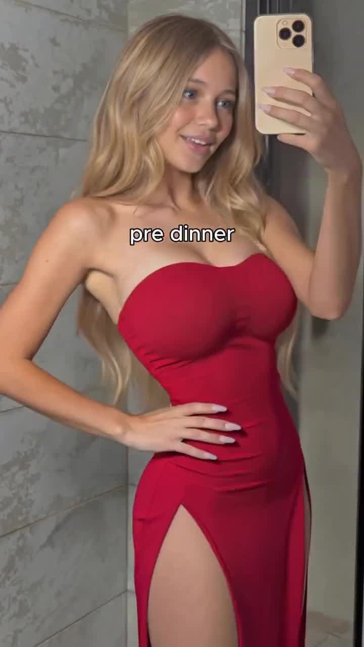 Horny Curvy Babe in Red Dress: Cleavage & Hips Tease Perfection